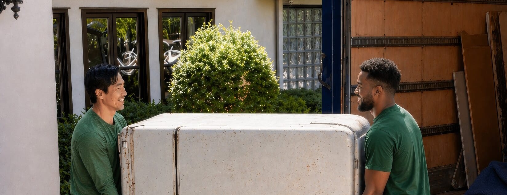 Two Guys Loading an Old Refrigerator Into a Truck for Disposal Wide