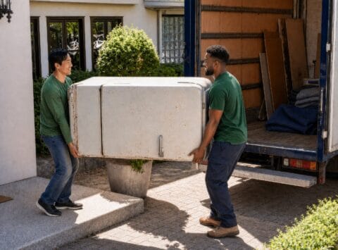 Two Guys Loading an Old Refrigerator Onto a Truck for Disposal